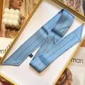 Sky blue skinny silk scarf with black stripes and white triangles in gift box packaging - Geometric Lines Triangle (S604) / Blue