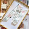 Minimalist geometric twilly scarf in cream with pink arrow patterns in a yellow gift box - Geometric Arrow Pattern (S606) / Light Yellow