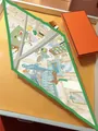 Détail du foulard en soie montrant des illustrations d'intérieur et une bordure verte - Vert