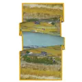 Detail van artistieke linnen sjaal met Van Gogh olieverfprint en gele afwerking aan randen - Van Gogh Oogst Olieverfstijl