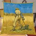 Van Gogh Harvest oil painting style 90cm square silk scarf with vibrant golden yellow border - 90*90cm / Oil Painting Series #20