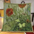 Van Gogh style silk square scarf featuring oil painting poppy flower and butterfly patterns - 90*90cm / Oil Painting Series #22