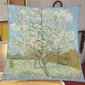 Detail of Van Gogh oil painting style silk scarf with almond blossom print on blue - Blossoming Peach Tree