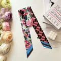 Detail of floral and geometric pattern twilly silk scarf for handbag handle wrapping - Coffee Pink