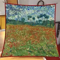Detailed view of square silk scarf with impressionist poppy oil painting and red borders - Poppy Field