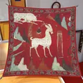 Van Gogh series silk scarf featuring a large red Dunhuang Nine-Colored Deer pattern - Wine Red Nine Deer