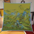 Artistic Van Gogh inspired square silk scarf with green landscape print and blue border - Traditional Landscape Art