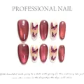 Handmade rose red cat-eye press-on nails with purple butterfly designs, set of 10 - L / Rose Red Butterfly Cat Eye Style