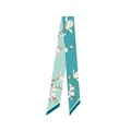 Mint green narrow silk scarf with white magnolia patterns and dark blue borders - Thin Long Style / Lake Blue Peach Blossom