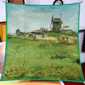 Van Gogh Le Moulin de la Galette 90cm square silk scarf with green artistic print - Van Gogh Oil Painting - Le Moulin de la Galette