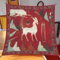 Foulard in seta rossa 90cm con stampa artistica tradizionale cinese dei nove cervi - Rosso Vino Nove Cervi