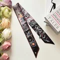 French vintage skinny silk scarf with celestial sun and star prints for hair or bags - Black
