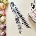 Elegant black and white long silk scarf with tiger forest print and classic stripes - 100cmx6cm / Black