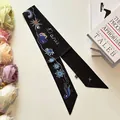 French style black silk satin skinny scarf with artistic sun and moon prints for women - One Size / Summer Printed Style (S4 Summer Black)