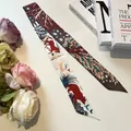 Elegant narrow twilly silk scarf with red bear and wildlife patterns on creamy white - Gray