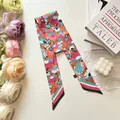 Pink floral silk twilly scarf for handbags with elegant striped edges and pattern - Pink