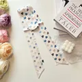 Polka dot heart print long silk skinny scarf for women with elegant floral decor - S796 Beige