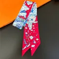 Vibrant rose red skinny silk scarf with dreamlike nautical patterns on orange background - 5x90cm / Rose Red
