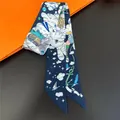 Silk twilly scarf with blue bird and anchor print on a stylish orange gift box - 5x90cm / Black and Blue
