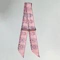 Pink silk-like twilly scarf with cartoon Egyptian motifs and floral prints on gray base - 80-100cm / Pink