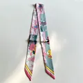 Narrow printed silk scarf with retro comic style illustrations and pointed ends - Pink