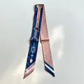 Silk twilly scarf with equestrian horse motifs and yellow polka dots on light gray background - Dark Blue