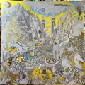 Luxe gele sjaal met gedetailleerde mythologische dieren en artistieke landschappen - 130cmx130cm / Geel