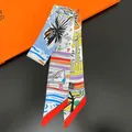 Elegant skinny silk scarf for women featuring artistic illustration prints on orange background - Red