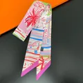 Elegant multi-color abstract print polyester twilly scarf on orange gift box - Pink