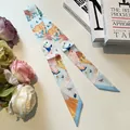 Elegant blue silk-like twilly scarf with artistic illustration for bag handle wrap - 80-100cm / Light Blue