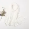 Elegant creamy white lace scarf with fringe tassels and embroidery for women - White