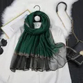 Élégante écharpe en soie vert foncé avec perles dorées et bordure en résille sur chemise - 13#Vert Foncé / 190*70cm