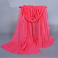 Detail of sheer chiffon scarf in fuchsia pink with neat overlock edge stitching - 150x50cm / Bright Red