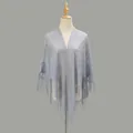 Elegant hollow floral lace triangle shawl with fringe tassels in light blue gray - Gray / 185-72cm