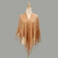 Elegant camel lace shawl with floral cutouts and long fringe tassels for women - Camel / 185-72cm