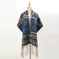 Thick knit poncho with blue geometric leaf pattern and long fringed tassels for winter - Black and Gray