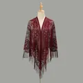 Elegante chal de encaje burdeos con patrones florales calados y flecos largos - Rojo Vino Oscuro / 185-72cm