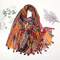 Bohemian ethnic print scarf with colorful geometric patterns and decorative tassels - 180*90CM / Dark Blue Red Ethnic Style (XB777)