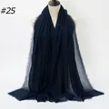 Solid navy blue crinkled cotton linen shawl scarf with frayed edges for women - 180x90cm / Deep Blue (25#)
