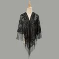 Elegant black lace shawl with floral crochet patterns and stylish long fringes - Black / 185-72cm