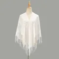 Elegant white floral lace triangular shawl with stylish fringe tassels for women - White / 185-72cm