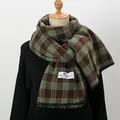 Thick checkered scarf in dark green and tan knit pattern with ZY brand label - Green