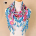 Detail of floral lace scarf featuring colorful patterns and teardrop tassel trim - 138x40cm / Blue (1#)
