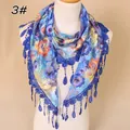 Detail of floral lace triangle scarf with dark blue crochet trim and tassel charms - 138x40cm / Royal Blue (3#)