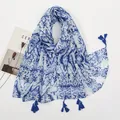 Detail of blue and white boho printed scarf with elegant tassels and lightweight fabric - Blue White Bohemian Style (XB958)