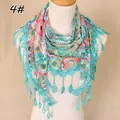 Close-up of floral lace triangle scarf featuring green crochet lace and drop tassels - 138x40cm / Mint Green (4#)