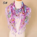 Detailed close-up of purple floral lace scarf with delicate fringe and sheer mesh fabric - 138x40cm / Light Purple (5#)