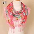 Detail of pink floral lace scarf with fringe trim and delicate mesh embroidery texture - 138x40cm / Watermelon Red (6#)