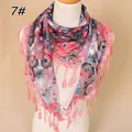 Detailed close-up of pink floral lace scarf with fringe charms and crochet edging - 138x40cm / Red with Blue Dots (7#)