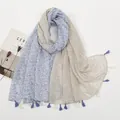 Detail of floral print scarf showing dual-tone fabric splicing and tassel fringe edges - Blue Gray Patchwork Floral Style (XB963)